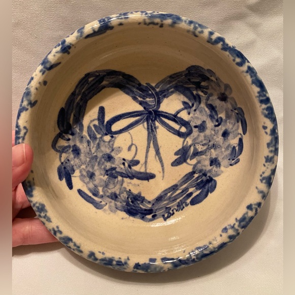 Casey Pottery Bowl Blue Heart Pattern Hand Turned - Picture 1 of 3